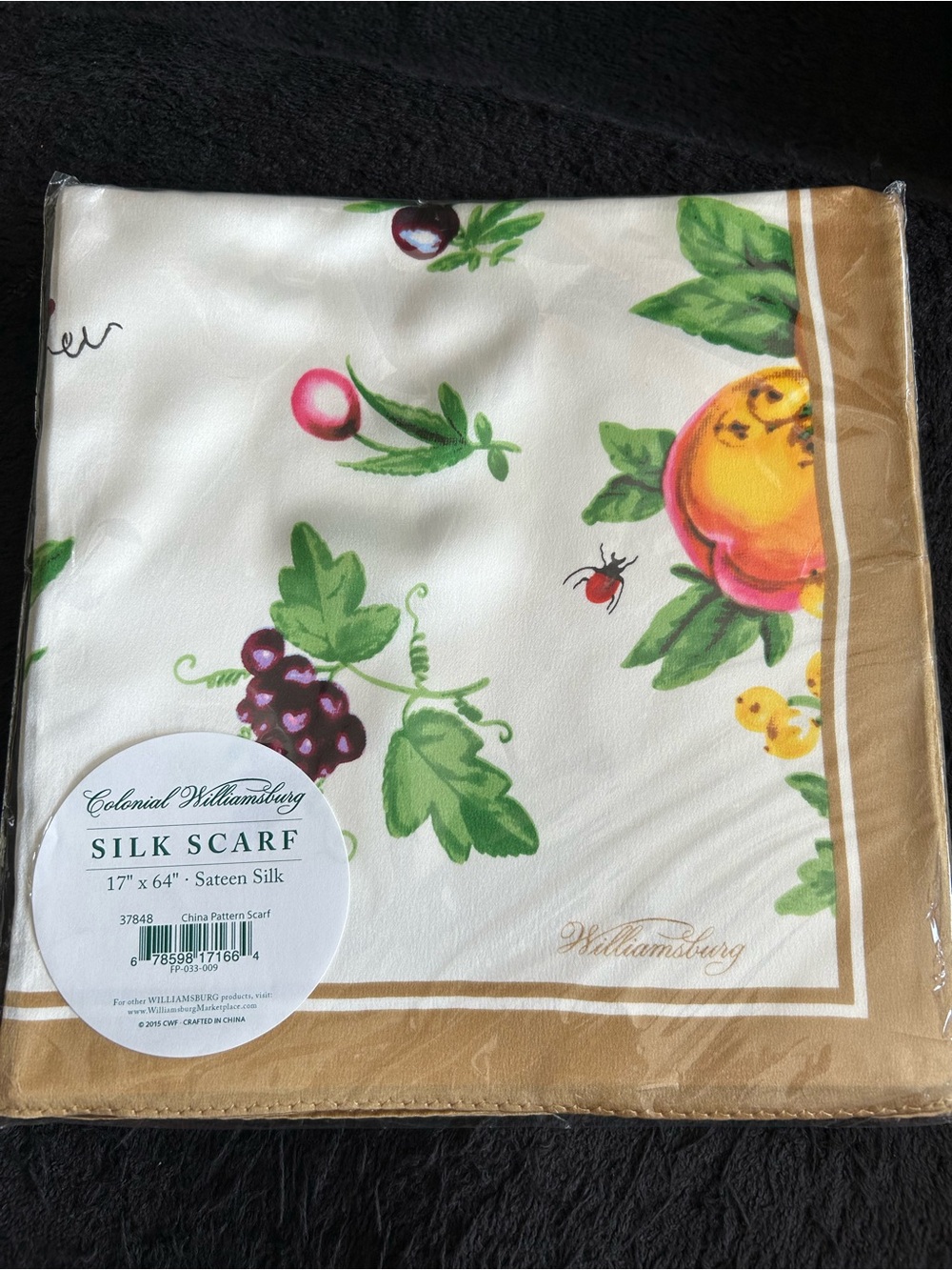 Colonial Williamsburg White & Gold Fruit Print Silk Scarf